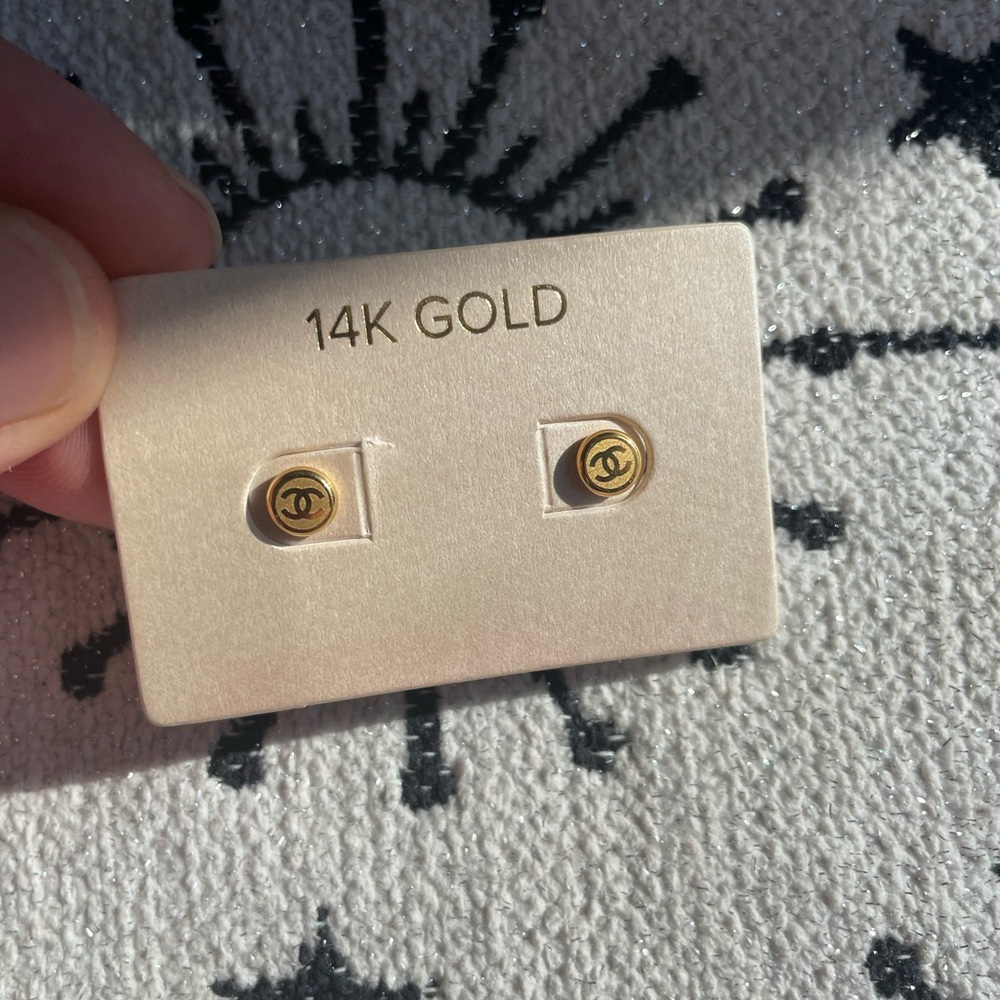 CHANEL 14K Gold Logo Stud Earrings